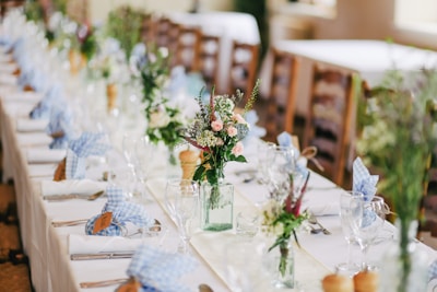 Elegant community dinner setup with warm lighting